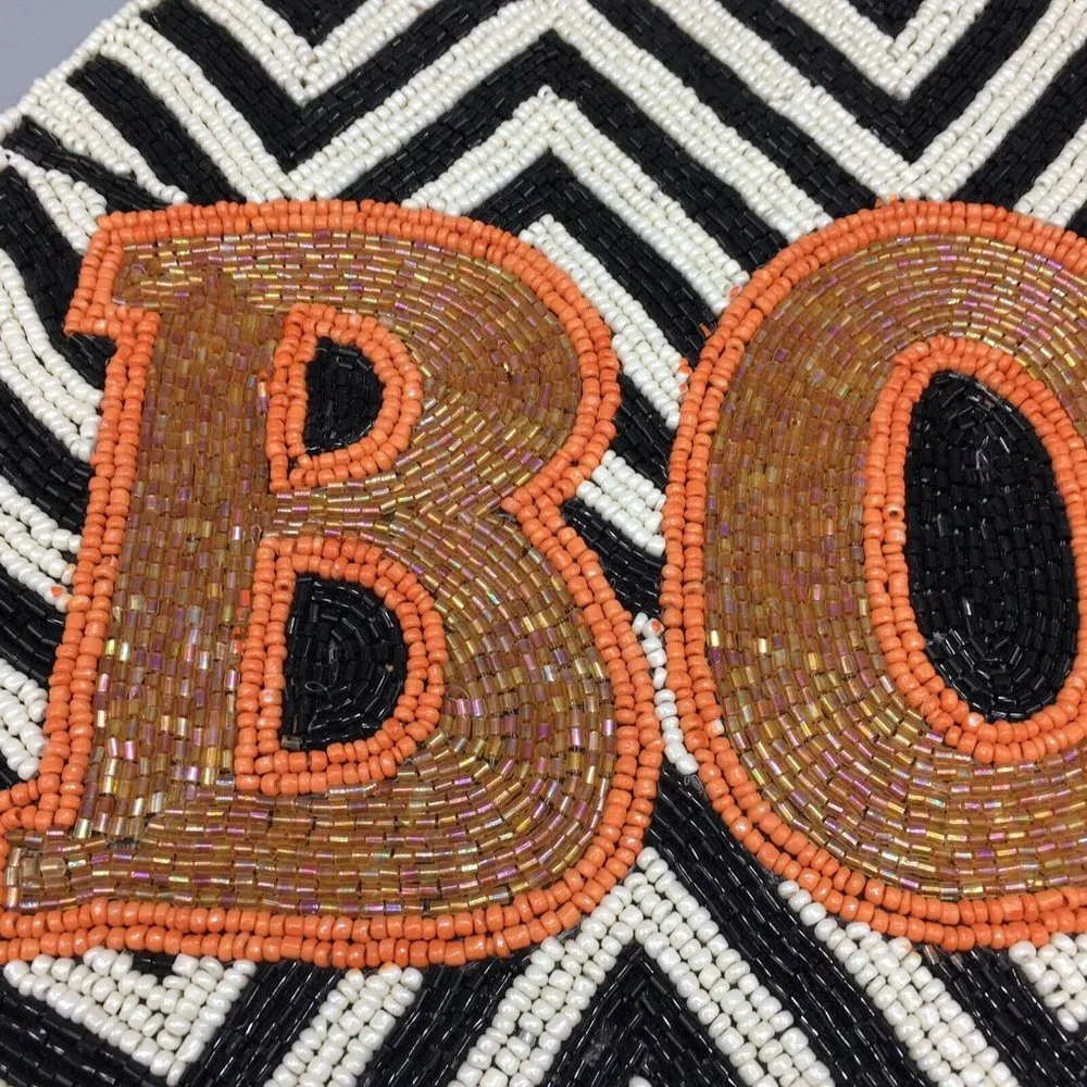 Nicole Miller Halloween Beaded BOO Placemat Centerpiece Black White Chevron 15”